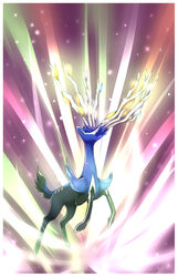  ambiguous_gender antlers aura better_version_at_source black_body black_fur blue_body blue_eyes blue_fur deer feral fur generation_6_pokemon hi_res horn legendary_pokemon light mammal mythical nintendo on_hind_legs pokemon pokemon_(species) pose quadruped raycrystal shaded solo xerneas xerneas_(active_mode) 