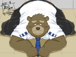  2021 4:3 anthro ass ass_up bear blush bottomwear brown_body brown_fur brown_nose clothing fur hi_res humanoid_hands jack-o&#039;_pose kemono male mammal necktie overweight overweight_male pants pose sad shirt solo tanutronik753_k topwear 