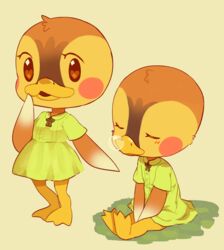  anatid animal_crossing anseriform anthro avian bird bodily_fluids bubble closed_eyes clothed clothing dress duck female green_clothing green_dress heart_eyes heart_symbol hi_res looking_at_viewer molly_(animal_crossing) nintendo simple_background sitting skeet_(artist) snot snot_bubble solo 