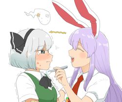  2girls animal_ears arrow_(symbol) bandaid bandaid_on_arm black_bow black_bowtie black_hairband black_ribbon blunt_bangs blush bow bowtie closed_eyes collared_shirt commentary_request cotton_ball first_aid from_side full-face_blush ghost green_vest grey_eyes grey_hair hair_between_eyes hair_ribbon hairband hitodama injury konpaku_youmu konpaku_youmu_(ghost) koyama_shigeru long_hair looking_at_another multiple_girls necktie open_mouth purple_hair rabbit_ears red_necktie reisen_udongein_inaba ribbon scratches shirt short_hair short_sleeves simple_background tearing_up tears tie_clip touhou trembling tweezers vest wavy_mouth white_background white_shirt 