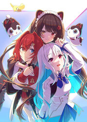  3girls ange_katrina ange_katrina_(1st_costume) animal_ears black_jacket blue_eyes blue_hair brown_hair canine colored_inner_hair dog_ears eyes_visible_through_hair hair_intakes highres holding_hands inui_toko jacket kuro-kun_(nablack) lize_helesta lize_helesta_(1st_costume) long_hair long_sleeves multicolored_hair multiple_girls nijisanji open_clothes open_jacket open_mouth red_eyes red_hair red_sweater sanbaka_(nijisanji) sebastian_piyodore short_hair standing sweater virtual_youtuber white_hair white_jacket yellow_eyes 