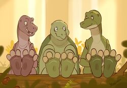  3_toes ambiguous_gender anthro barefoot benj24 claws countershade_feet countershading dinosaur don_bluth duo extinct feet feet_up foot_focus forest group hyp_hypsilophodon hypsilophodon looking_at_another mutt_muttaburrasaurus muttaburrasaurus nod_nodosaurus nodosaurus ornithischian paws plant prehistoric_species reptile scalie smile soles spread_toes supported_legs the_land_before_time toe_claws toes tree 