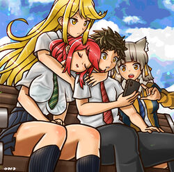  1boy 3girls absurdres arm_around_neck bad_id bad_pixiv_id bench blonde_hair breasts brown_hair cellphone contemporary day green_necktie grey_hair highres kneehighs large_breasts miniskirt multiple_girls mythra_(xenoblade) necktie nia_(xenoblade) oniisan02b outdoors phone pyra_(xenoblade) red_hair red_necktie rex_(xenoblade) shirt skirt sky smartphone socks white_shirt xenoblade_chronicles_(series) xenoblade_chronicles_2 yellow_eyes 