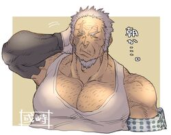  1boy amatsumara_(housamo) arm_behind_head arm_hair arm_warmers bara beard brown_background chest_hair closed_eyes facial_hair facing_viewer frown grey_hair long_sideburns male_focus muscular muscular_male old old_man pectoral_cleavage pectorals protected_link sanwari_(aruji_yume) scar scar_across_eye scar_on_face shirt sideburns simple_background solo tokyo_afterschool_summoners two-tone_background upper_body white_background white_shirt 