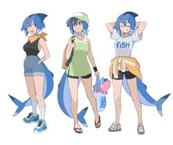  absurdres azuumori backpack bag black_shirt black_shorts blue_footwear blue_hair blue_shorts brown_footwear female fins fish_tail green_shirt hands_in_pockets highres mako_(azuumori) multiple_views original parted_lips print_shirt red_eyes sandals shark_girl shark_tail shirt shirt_tucked_in shoes short_hair shorts sleeveless sleeveless_shirt smile socks standing tail white_footwear white_shirt yellow_bag 