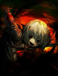  ascot black_sclera blonde_hair blood blood_on_clothes colored_sclera commentary_request eyelashes female frilled_shirt_collar frills full_body hair_between_eyes highres horror_(theme) long_sleeves looking_at_viewer medium_bangs open_mouth outstretched_arms pale_skin red_ascot red_background red_eyes rumia shirt short_hair smile solo spark621 spread_arms teeth touhou white_shirt 