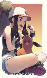  baseball_cap black_vest boots border brown_hair commentary_request denim denim_shorts female hat high_ponytail highres hilda_(pokemon) holding holding_poke_ball long_hair on_lap poke_ball poke_ball_(basic) pokemon pokemon_(creature) pokemon_bw pokemon_on_lap shirt short_shorts shorts sidelocks sitting sleeveless sleeveless_shirt tepig tokumaro vest white_border white_headwear white_shirt wristband 