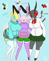  2021 4:5 ami_(woebeeme) antennae_(anatomy) arachnid arthropod arthropod_abdomen ass bee big_breasts big_butt blue_background blue_clothing blue_legwear blue_sclera blue_sweater blue_thigh_highs blue_topwear blush bottomwear breast_size_difference breasts butterfly closed_eyes clothing color_swatch digital_media_(artwork) directional_arrow female female/female green_bottomwear green_clothing green_shorts green_skirt grey_body grey_bottomwear grey_clothing grey_shorts group hi_res hoodie hymenopteran insects legwear lepidopteran outline pink_body pluto_(woebeeme) purple_clothing purple_hoodie purple_legwear purple_thigh_highs purple_topwear red_sclera shirt shorts simple_background skirt spider sweater thick_thighs thigh_highs topwear trio vidua_(woebeeme) white_clothing white_outline white_shirt white_topwear wide_hips woebeeme yellow_body 