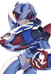  1boy android arm_cannon commentary_request fujino_yuuki green_eyes helmet male_focus mega_man_(series) mega_man_x_(series) photoshop_(medium) second_armor_x_(mega_man) serious simple_background solo weapon white_background x_(mega_man) 