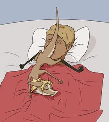  anthro bed bedding blanket blonde_hair butt_in_face cheek_tuft duo elim_dorelga facial_tuft furniture hair happy_harvey human human_on_bottom larger_human larger_male laying_on_top lopin male male/male mammal out-of-placers phone_drawing pillow size_difference sleeping smaller_male tail tail_on_face tail_on_head tail_tuft tuft yinglet 