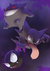  black_eyes commentary english_commentary evil_grin evil_smile evolutionary_line fangs floating full_body gastly gengar ghost grin haunter looking_at_viewer no_humans pinkgermy pokemon pokemon_(creature) purple_background red_eyes simple_background smile tongue tongue_out 