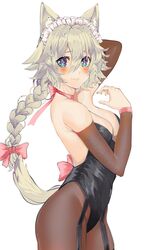  alternate_costume alternate_hairstyle animal_ears bare_shoulders black_leotard black_pantyhose blush bow braid braided_ponytail breasts cleavage dog_ears dog_tail female hair_between_eyes highres izayoi_sakuya kemonomimi_mode leotard light_smile long_hair looking_at_viewer maid_headdress medium_breasts pantyhose simple_background solo strapless strapless_leotard tail thighhighs tomatolover16 touhou very_long_hair white_background 