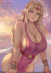  armlet bare_shoulders belt blonde_hair blue_eyes breasts circlet cleavage cloud cloudy_sky collarbone commentary covered_navel cowboy_shot english_commentary female highres jewelry large_breasts long_hair looking_at_viewer necklace no_panties outdoors parted_lips patreon_logo patreon_username pointy_ears princess_zelda shexyo sky solo super_smash_bros. the_legend_of_zelda the_legend_of_zelda:_a_link_between_worlds watermark web_address 