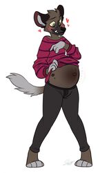  aggretsuko anthro bottomwear clothed clothing clothing_lift haida_(aggretsuko) hi_res hyena male mammal pants pregnant pregnant_anthro pregnant_male pupperstar sanrio shirt shirt_lift solo spotted_hyena standing standing_on_toes topwear 