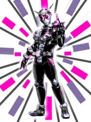  1boy 2018 armor arrow_(symbol) black_bodysuit black_footwear bodysuit clock clock_hands driver_(kamen_rider) full_body gloves kamen_rider kamen_rider_zi-o kamen_rider_zi-o_(series) male_focus multicolored_background pink_background pink_eyes pink_gloves pointing pointing_up profile rider_belt rider_watch ryukawa shoes solo time_travel tokusatsu white_background zi-o_rider_watch ziku_driver 