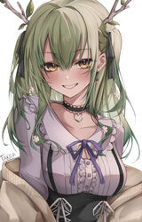  antlers black_choker black_ribbon black_skirt bow bow_earrings breasts cardigan ceres_fauna ceres_fauna_(jirai_kei) choker cleavage_cutout clothing_cutout collarbone earrings female flower green_hair hair_between_eyes hair_flower hair_ornament hair_ribbon heart heart_choker high-waist_skirt highres hololive hololive_english horns jewelry jirai_kei large_breasts long_hair looking_at_viewer mole mole_under_eye official_alternate_costume open_cardigan open_clothes purple_ribbon ribbon shirt skirt smile solo takida_185 teeth twintails virtual_youtuber white_background white_shirt yellow_eyes 