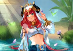  aqua_eyes biwa3333 blue_sky blush breasts building circlet clothing_cutout crop_top crystalfly_(genshin_impact) fake_horns falling_petals female flower genshin_impact gold_trim hand_up harem_outfit highres horns long_hair long_sleeves looking_to_the_side navel nilou_(genshin_impact) parted_lips petals puffy_long_sleeves puffy_sleeves red_hair shrug_(clothing) skirt sky small_breasts smile solo stomach sunlight upper_body veil vision_(genshin_impact) water white_headwear white_veil 