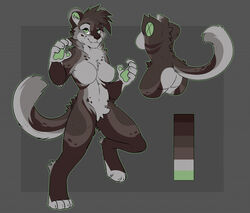  2021 4_toes 5_fingers anthro ass biped breasts brown_body brown_fur brown_nose chesta color_swatch crotch_tuft cute_fangs digitigrade eris_lattern featureless_breasts feet felid female fingerpads fingers fur green_eyes green_pawpads grey_background grey_body grey_fur leopard mammal medium_breasts model_sheet multicolored_body multicolored_fur pantherine pawpads rumakon simple_background smile solo toes tuft 