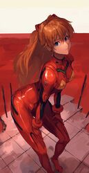  blue_eyes bodysuit breasts closed_mouth commentary female full_body hair_between_eyes hair_ornament hands_on_own_thighs highres lcl long_hair looking_at_viewer nasubin_(nasubisamurai15) neon_genesis_evangelion orange_hair outdoors plugsuit red_bodysuit red_theme solo souryuu_asuka_langley 