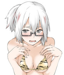  animal_print bare_shoulders bikini black-framed_eyewear black_bikini blush boku_no_hero_academia breasts breasts_squeezed_together cleavage collarbone commentary elf_(stroll_in_the_woods) embarrassed female glasses grey_eyes hair_between_eyes hair_up hands_on_own_chest leaning_forward lower_teeth_only medium_breasts micro_bikini multicolored_hair nose_blush open_mouth ponytail print_bikini rectangular_eyewear red_hair semi-rimless_eyewear sideboob simple_background solo sweat swimsuit teeth textless_version tiger_print tiger_stripes todoroki_fuyumi two-tone_bikini two-tone_hair under-rim_eyewear underboob upper_body upturned_eyes w_arms white_background white_hair yellow_bikini 