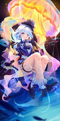  ahoge ascot asymmetrical_gloves black_ascot black_footwear black_gloves blue_gemstone blue_hair blue_hat blue_jacket commentary female furina_(genshin_impact) gem genshin_impact gloves grabbing grin hair_between_eyes hat high_heels highres hydro_symbol_(genshin_impact) jacket light_blue_hair liu_liaoliao long_bangs long_sleeves looking_at_viewer medium_hair mismatched_gloves mismatched_pupils multicolored_hair shorts sitting smile solo teeth thigh_strap thighs top_hat white_gloves white_shorts 