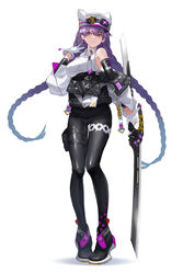  absurdres alternate_costume bare_shoulders braid caution_tape counter:side earrings eyewear_on_headwear female full_body gloves highres holding holding_sword holding_weapon jewelry lee_yumi_(counter:side) long_hair pouch purple_hair red_eyes shadow solo sword thigh_pouch twin_braids weapon white_background white_gloves wing_(wingho) 