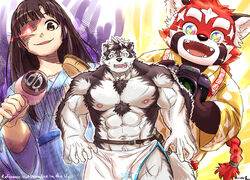  2boys abs aura bara blunt_bangs braid brown_eyes brown_fur brown_hair bulge camera chest_tuft fangs feet_out_of_frame female furry furry_male glowing glowing_eye hair_dryer highres holding holding_camera holding_hair_dryer horkeu_kamui large_pectorals long_hair male_focus multicolored_eyes multiple_boys muscular muscular_male navel navel_hair nipples no_headband official_alternate_costume open_mouth pectorals protagonist_2_(housamo) rainbow_eyes red_fur red_panda_boy red_panda_ears saro_(rotsw_00022) scar scar_on_chest short_hair sideburns single_braid smile sparkle sparkling_eyes stomach surprised sweatdrop tokyo_afterschool_summoners topless_male towel_around_waist veins veiny_arms white_fur zhurong_(housamo) 