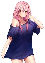  alternate_costume blue_shirt blush collarbone cowboy_shot female guilty_crown hair_between_eyes hair_ornament hair_over_shoulder hairclip hand_in_own_hair highres long_hair looking_at_viewer low_twintails off-shoulder_shirt off_shoulder open_mouth pink_hair red_eyes shirt short_sleeves simple_background solo standing tsukichan_(maynyan23) twintails white_background yuzuriha_inori 