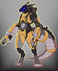  absurd_res anthro armor big_tail cybernetics digitigrade fluffy fluffy_tail hi_res machine male power_armor protogen simple_background solo tail topazknight 