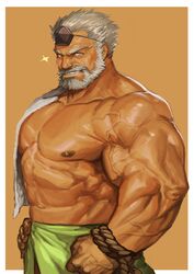  1boy abs absurdres bara bare_pectorals beard brown_background brown_eyes clenched_hand facial_hair hand_on_own_hip hat highres hogen_(housamo) horns korean_commentary looking_at_viewer male_focus moustache muscular muscular_male nipples pectorals simple_background single_horn smile solo sparkle standing tokin_hat tokyo_afterschool_summoners towel_on_one_shoulder traver009 veins white_hair 