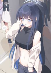  1other 2girls absurdres atsuko&#039;s_grin_(meme) atsuko_(blue_archive) bare_shoulders black_pants black_shirt blue_archive blue_eyes blue_hair blush breasts commentary_request cowboy_shot crop_top grin halo highres jacket large_breasts long_hair long_sleeves meme midriff multiple_girls navel off_shoulder open_clothes open_jacket pants projectorzero reflection saori_(blue_archive) sensei_(blue_archive) shirt smile standing stomach very_long_hair white_jacket 