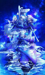  4girls absurdres blue_dress closed_mouth crying crying_with_eyes_open dress duel_monster hammer highres holding holding_hammer holding_sword holding_weapon kitkallos_(yu-gi-oh!) long_hair looking_at_viewer mermaid monster_girl multiple_girls pale_skin reflection reflective_water sitting sky splashing standing star_(sky) starry_sky sugomori_tsuru_(hana_tsuru_wo) sword tearlaments_havnis tearlaments_kitkallos tearlaments_merrli tearlaments_scheiren tears tiara veil water watermark weapon white_hair yu-gi-oh! 