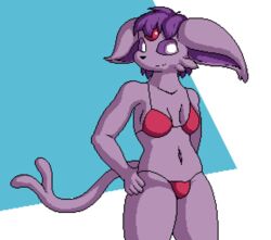  anthro bikini breasts clothing eeveelution espeon female fur generation_2_pokemon hi_res isagoodfriend nintendo pokemon pokemon_(species) purple_body purple_fur purple_tail small_breasts smile swimwear tail 