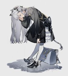  absurdres animal_ears arknights azure_silan bag black_dress black_footwear commentary_request dress female flower full_body gas_mask grey_background grey_hair hair_flower hair_ornament hand_up heavyrain_(arknights) heavyrain_(tranquil_moss)_(arknights) high_heels highres leaning_forward long_hair long_sleeves looking_away looking_down mask official_alternate_costume pantyhose profile puddle puffy_long_sleeves puffy_sleeves purple_eyes reflection ripples rose shoes sleeves_past_wrists solo standing tail unworn_mask very_long_hair water white_flower white_pantyhose white_rose 