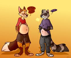  anthro belly big_belly both_pregnant bottomwear canid canine clothed clothing clothing_lift comparing dialogue duo fox male male/male mammal multiple_pregnancies pants pregnant pregnant_anthro pregnant_male procyonid pupperstar raccoon shirt shirt_lift shorts speech_bubble standing text topwear 