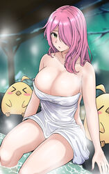  azur_lane bare_shoulders bird branch breasts chick cjrb1228 cleavage covering_privates female green_eyes hair_over_one_eye highres large_breasts long_hair looking_at_viewer manjuu_(azur_lane) nude_cover official_alternate_costume onsen open_mouth outdoors pink_hair snow steam towel tree trieste_(amore_termico)_(azur_lane) trieste_(azur_lane) water 