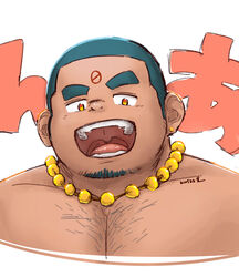  1boy absurdres bara bead_necklace beads buzz_cut chest_hair cropped_torso dark-skinned_male dark_skin facial_hair goatee highres jewelry large_pectorals laughing long_sideburns looking_at_viewer male_focus muscular muscular_male necklace open_mouth pectorals saro_(rotsw_00022) short_hair sideburns solo thick_eyebrows tokyo_afterschool_summoners translated tvastar_(housamo) very_short_hair 