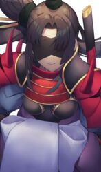  armor black_hair blindfold breasts commentary fate/grand_order fate_(series) female hair_bun hat highres japanese_armor katana long_hair mask_on_shoulder medium_breasts parted_bangs pinta_(ayashii_bochi) side_ponytail sidelocks single_hair_bun single_side_bun smile solo sword taira_no_kagekiyo_(fate) tate_eboshi ushiwakamaru_(fate) very_long_hair weapon 