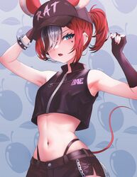  animal_ears armpits artist_name baseball_cap black_hair bracelet breasts chains commentary crop_top earrings english_commentary female fingerless_gloves gloves hair_over_one_eye hakos_baelz hat heart highres hololive hololive_english hoop_earrings jewelry looking_at_viewer midriff mouse_ears mouse_girl mouse_tail multicolored_hair navel open_mouth ponytail red_hair short_shorts shorts sk_jynx sleeveless small_breasts solo spiked_bracelet spikes tail teeth tongue virtual_youtuber watermark white_hair 