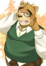  2022 anthro bear belly big_belly brown_body brown_fur clothing fur hi_res humanoid_hands kemono lifewonders male mammal nazebesu_hobby one_eye_closed overweight overweight_male shirt solo sweater sweater_vest tokyo_afterschool_summoners topwear vest volos_(tas) 