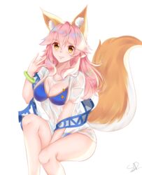  absurdres animal_ear_fluff animal_ears bikini bikini_under_clothes blue_bikini blush breasts cleavage closed_mouth collarbone fate/grand_order fate_(series) female fox_ears fox_girl fox_print fox_tail highres large_breasts long_hair looking_at_viewer oerba_yun_fang pink_hair sd4869 see-through see-through_shirt shirt side-tie_bikini_bottom signature simple_background solo swimsuit t-shirt tail tamamo_(fate) tamamo_no_mae_(swimsuit_lancer)_(fate) tamamo_no_mae_(swimsuit_lancer)_(second_ascension)_(fate) very_long_hair wet wet_clothes wet_shirt white_background 