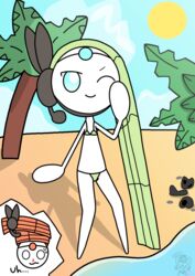  ambiguous_gender anime_nosebleed beach bikini bikini_bottom bikini_top blood bodily_fluids clothed clothing digital_media_(artwork) duo female female/ambiguous flat_chested generation_5_pokemon hi_res humanoid legendary_pokemon luluwoo mammal meloetta meloetta_(aria_form) meloetta_(pirouette_form) nintendo nosebleed one_eye_closed outside pokemon pokemon_(species) seaside skimpy smile solo_focus sweat sweatdrop swimwear text wink 