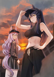  2girls alternate_costume animal_ears bare_arms bare_shoulders baseball_cap biwa_hayahide_(umamusume) black_hair black_headwear black_jacket black_pants black_shirt boc&#039;z_(umamusume) breasts commentary_request cowboy_shot ear_ornament ears_through_headwear hand_on_own_hip hat highres horse_ears horse_girl jacket kuzumochi_(kuzumochiya) large_breasts long_hair long_sleeves looking_at_viewer mouth_hold multiple_girls narita_brian_(umamusume) outdoors pants purple_hair shirt siblings sisters sleeveless sleeveless_shirt stalk_in_mouth standing sunset umamusume very_long_hair yellow_eyes 