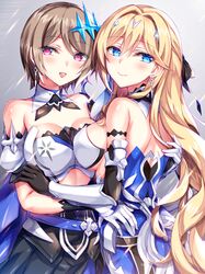  2girls armlet armor armored_dress bare_shoulders bianka_durandal_ataegina bianka_durandal_ataegina_(bright_knight:_excelsis) blonde_hair blue_eyes blush breastplate breasts brown_hair cleavage commentary_request detached_collar earrings fukase_ayaka gloves hair_ornament hair_over_one_eye honkai_(series) honkai_impact_3rd hug jewelry large_breasts long_hair looking_at_viewer multiple_girls open_mouth purple_eyes rita_rossweisse rita_rossweisse_(artemis) short_hair sideboob smile very_long_hair yuri 