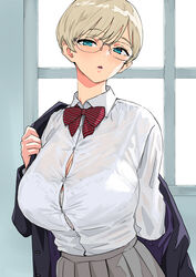  :o absurdres blonde_hair bow bowtie bra bra_visible_through_clothes breasts button_gap cleavage female glasses green_eyes grey_skirt highres large_breasts looking_at_viewer nekoi_mie original rimless_eyewear round_eyewear shirt shirt_tucked_in short_hair skirt solo striped_bow striped_bowtie striped_clothes underwear undressing white_bra white_shirt 