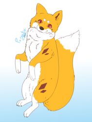  ambiguous_gender canid canine countershading feral fluffy fluffy_ears fluffy_tail fox fur kitsuneinu mammal neck_tuft orange_body orange_fur parooty red_eyes simple_background solo tail tuft white_body white_fur 