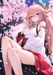  animal_ears bare_legs bare_shoulders breasts cherry_blossoms commentary detached_sleeves female fox_ears fox_shadow_puppet genshin_impact hair_between_eyes hair_ornament highres japanese_clothes legs long_hair long_sleeves nontraditional_miko petals pink_hair purple_eyes reuri_(tjux4555) sitting solo thighs wide_sleeves yae_miko 