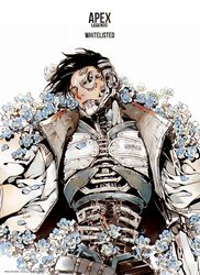  1boy android apex_legends black_hair black_sclera blue_flower cable colored_sclera copyright_name crypto_(apex_legends) flower grey_jacket jacket looking_at_viewer lying male_focus official_alternate_costume on_back science_fiction sentinel_ga_koku_ni_aru solo web_address white_background whitelisted_crypto yellow_eyes 