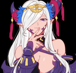  armor bare_shoulders blue_eyes breasts cleavage cleavage_cutout clothing_cutout dragon_girl female fire_emblem fire_emblem_engage hair_ornament hair_over_one_eye hand_on_own_face hiiroisgundam horns large_breasts long_hair looking_at_viewer pointy_ears protected_link simple_background solo white_hair zephia_(fire_emblem) 