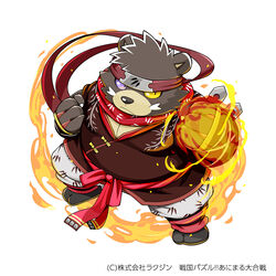  1:1 2021 anthro bear black_body black_nose clothed clothing fire japanese_text kemono kinoshita-jiroh male mammal ninja ooe_senbee overweight overweight_male sengoku_puzzle simple_background solo text warrior white_background 